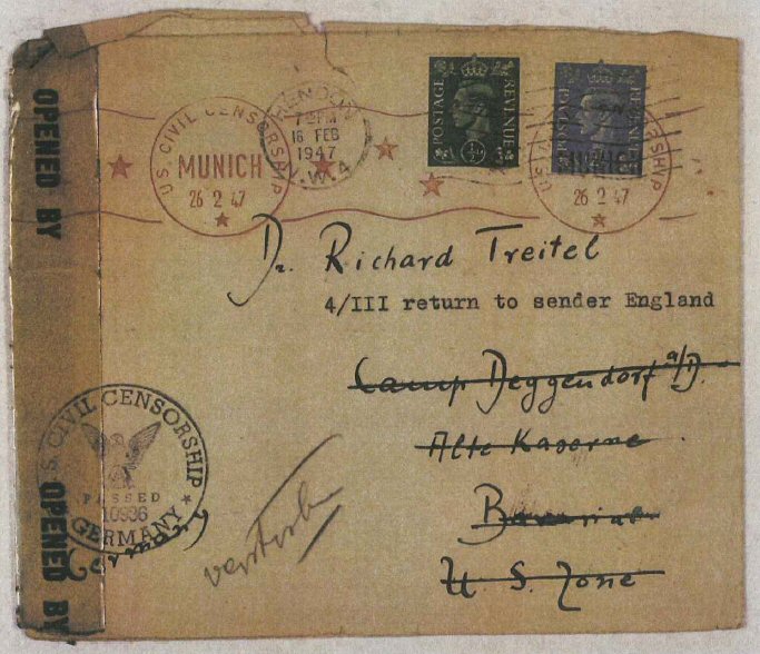 Der letzte Brief von Dr. Theodor Treitel an seinen Bruder in Deggendorf ging zurück nach England: Dr. Richard Treitel war plötzlich gestorben. (Jüd. Museum Berlin)
